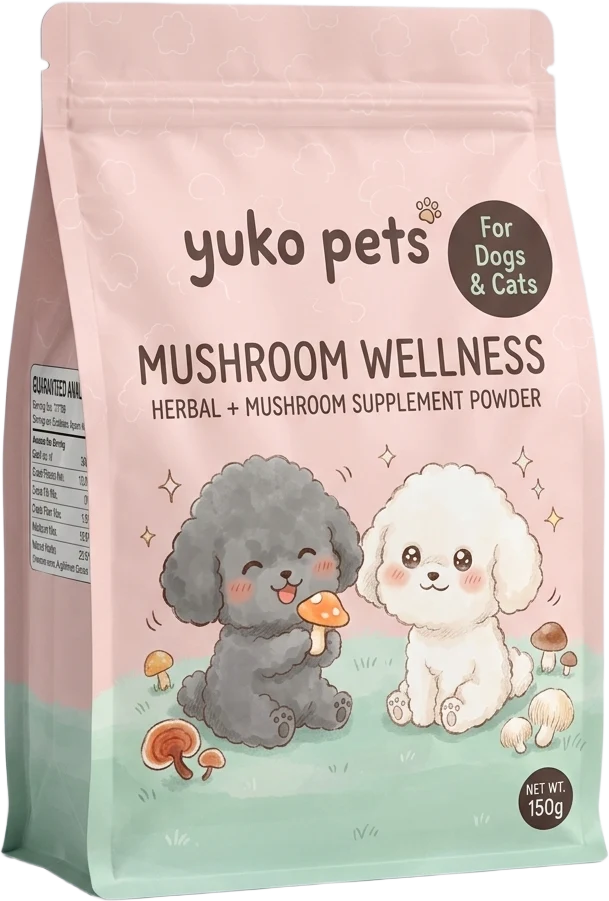 yuko pets Mushroom Wellness pouch with the black and white yuko pups
